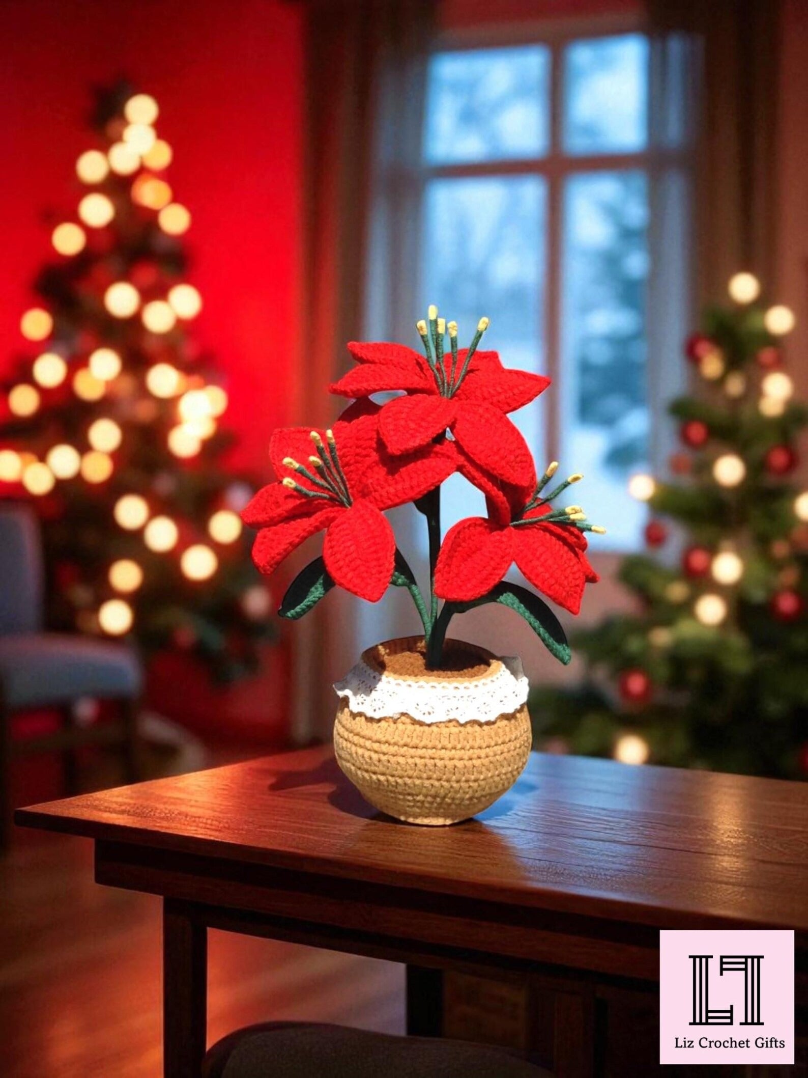 Gehäkelte Blume im Topf Weihnachtsstern