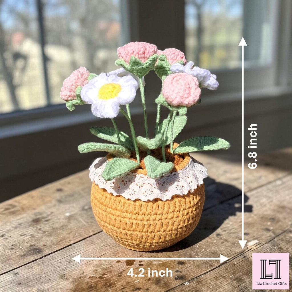 Gehäkelter Blumenstrauß Rose & Gänseblümchen
