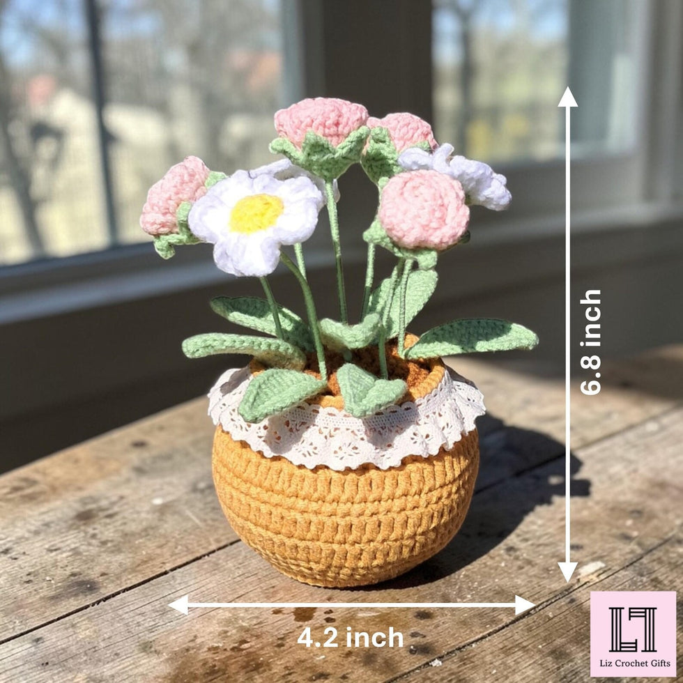 Gehäkelter Blumenstrauß Rose & Gänseblümchen