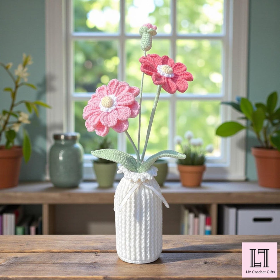 Gehäkeltes Blumenarrangement Gänseblümchen