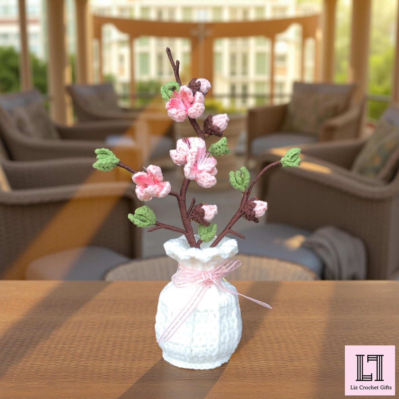 Gehäkeltes Blumenarrangement Pfirsichblüte