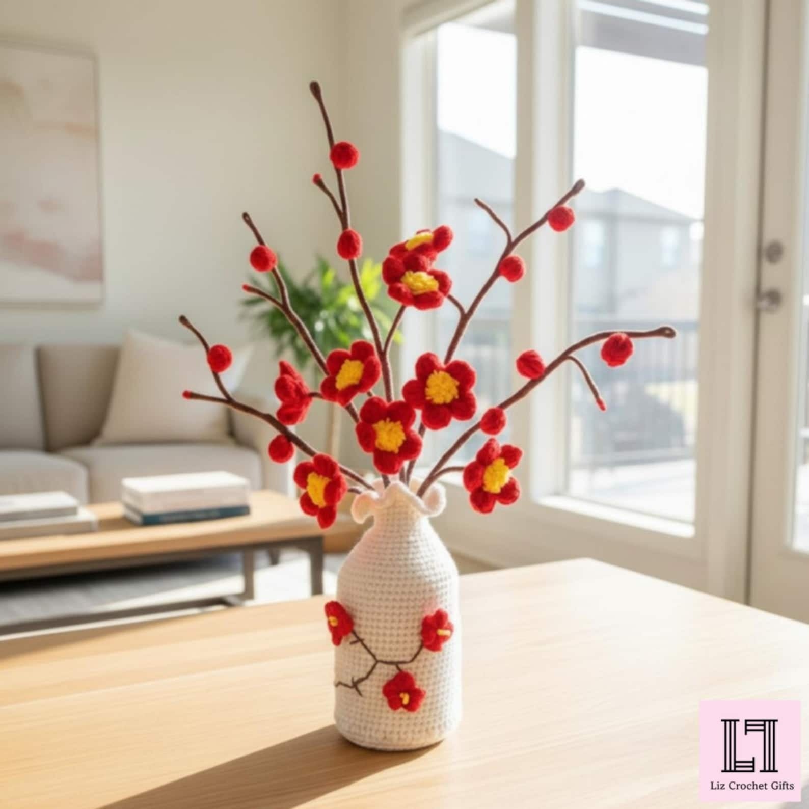 Gehäkeltes Blumenarrangement Pflaumenblüte