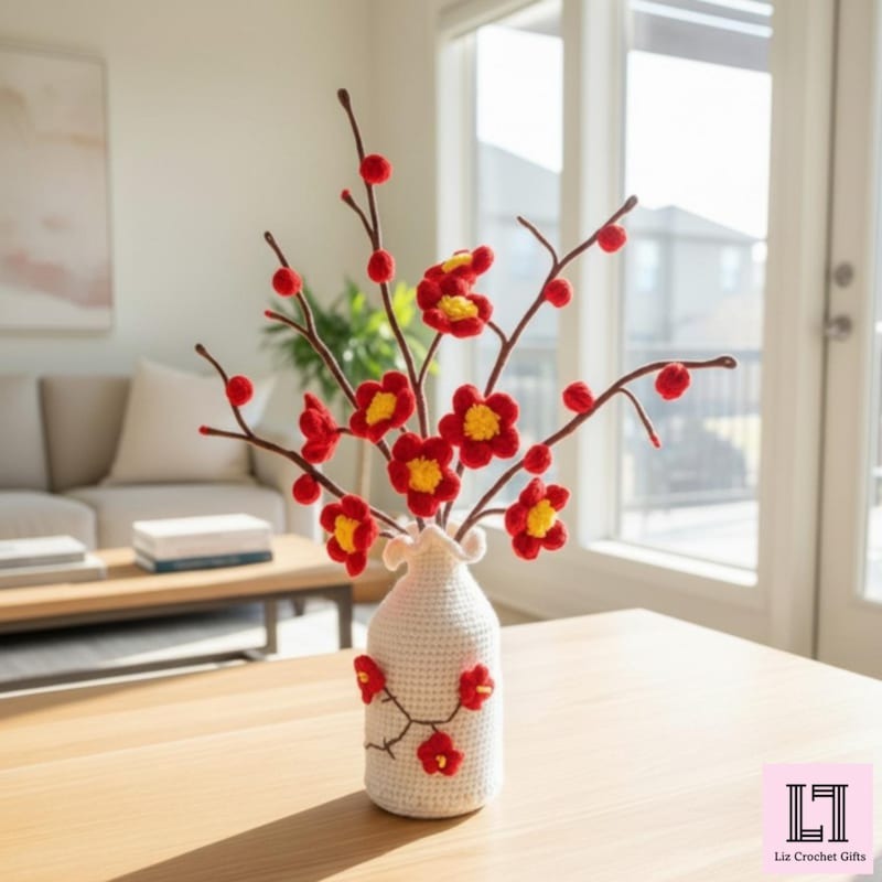 Gehäkeltes Blumenarrangement Pflaumenblüte