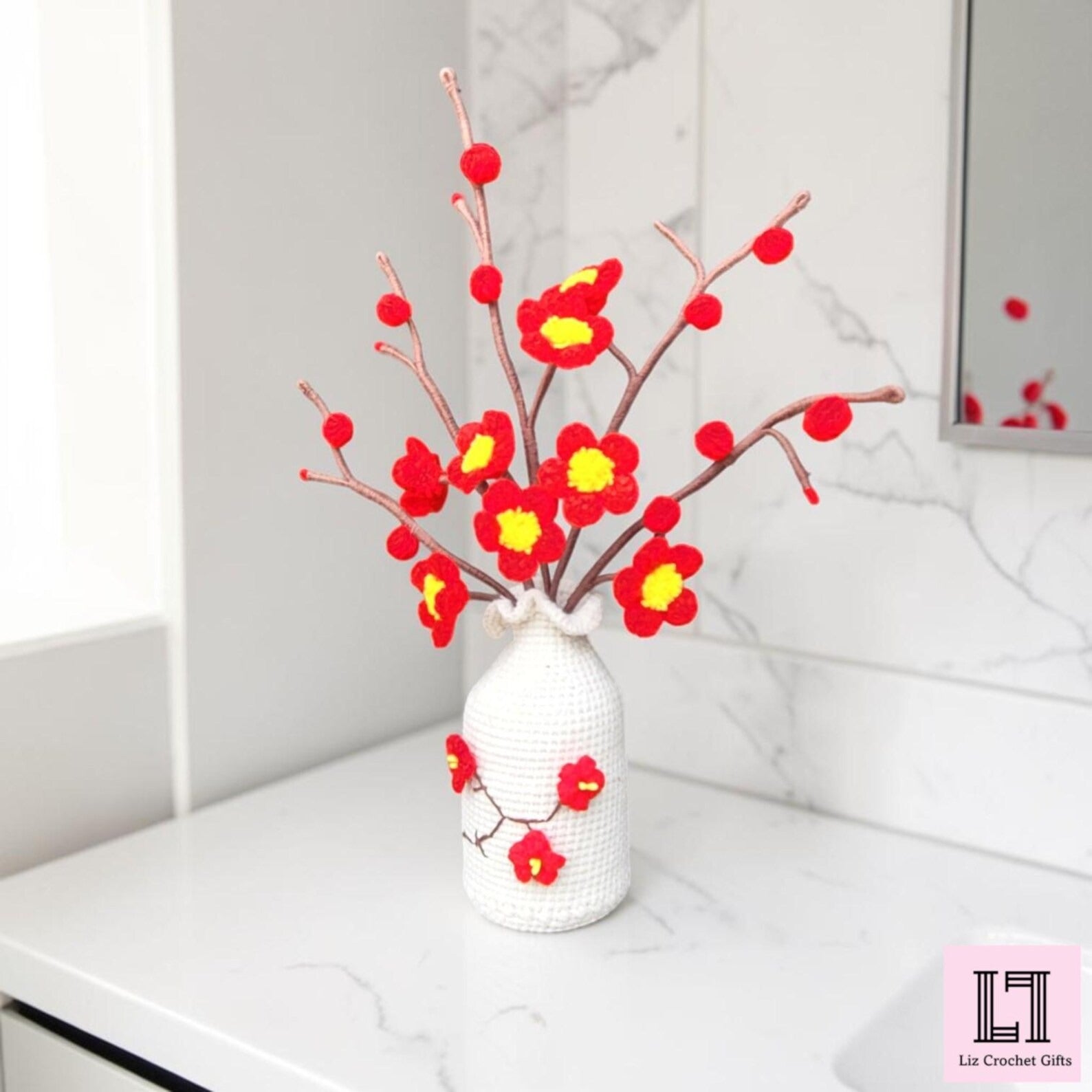 Gehäkeltes Blumenarrangement Pflaumenblüte