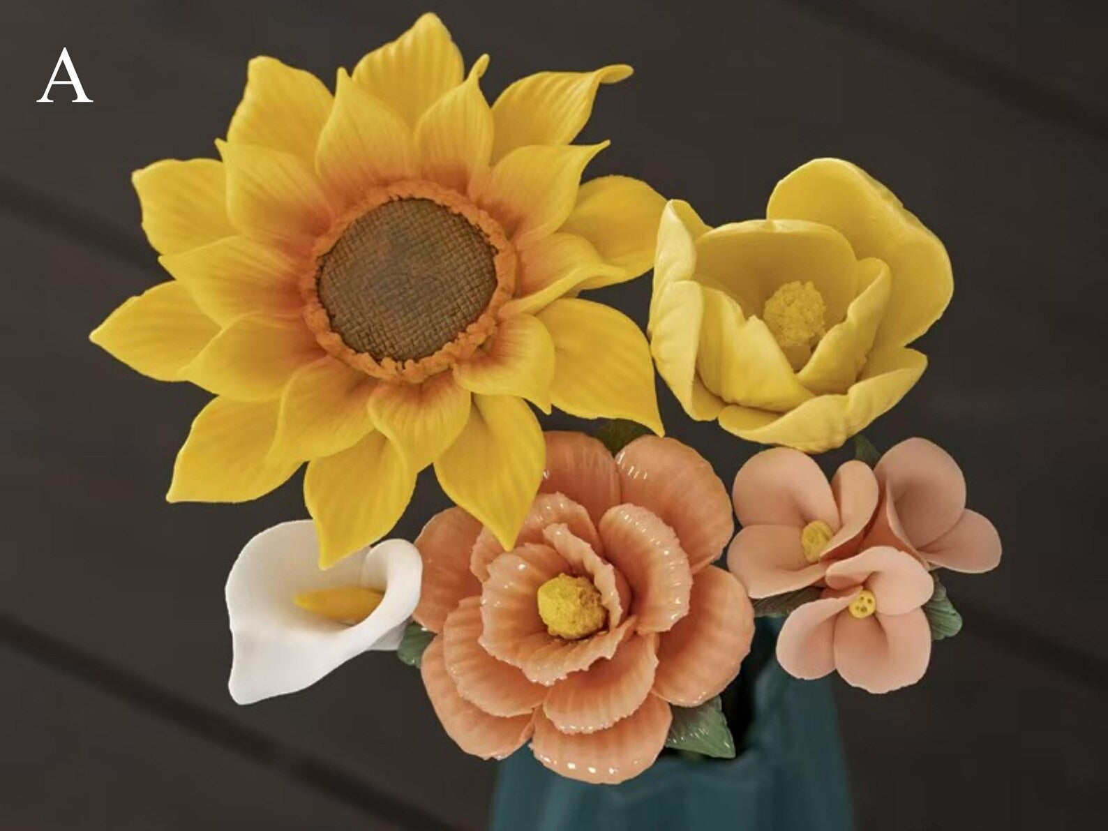 Handgemachter Keramik-Blumenstrauß Sonnenblume & Gänseblümchen