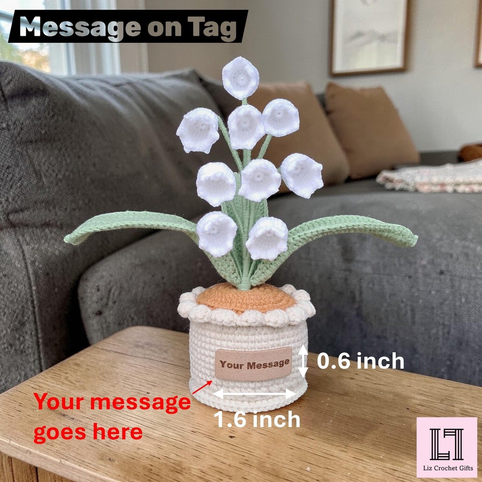 Personalisierte gehäkelte Blume im Topf Maiglöckchen mit Anhänger