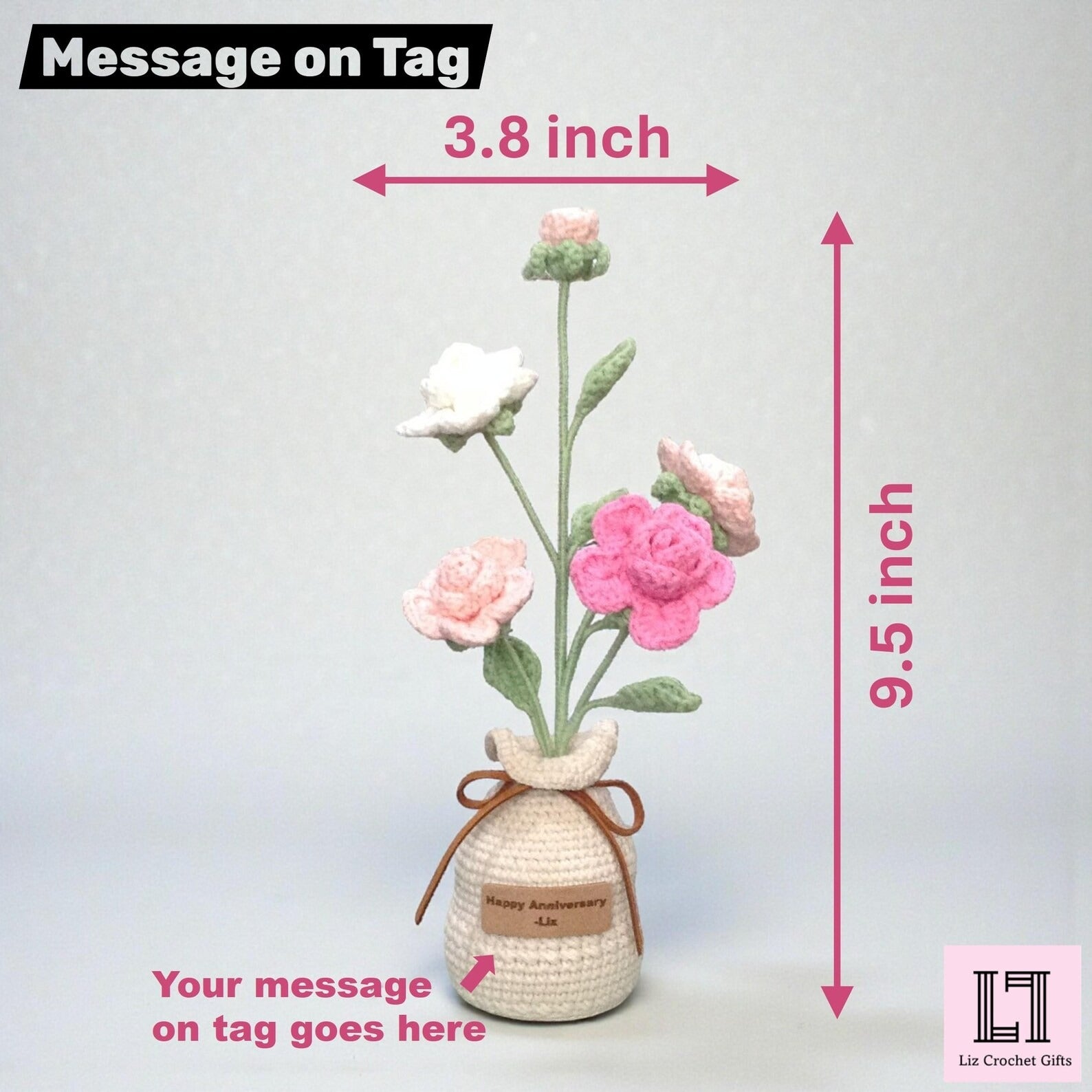 Personalisierter gehäkelter Blumenstrauß Rose mit Anhänger
